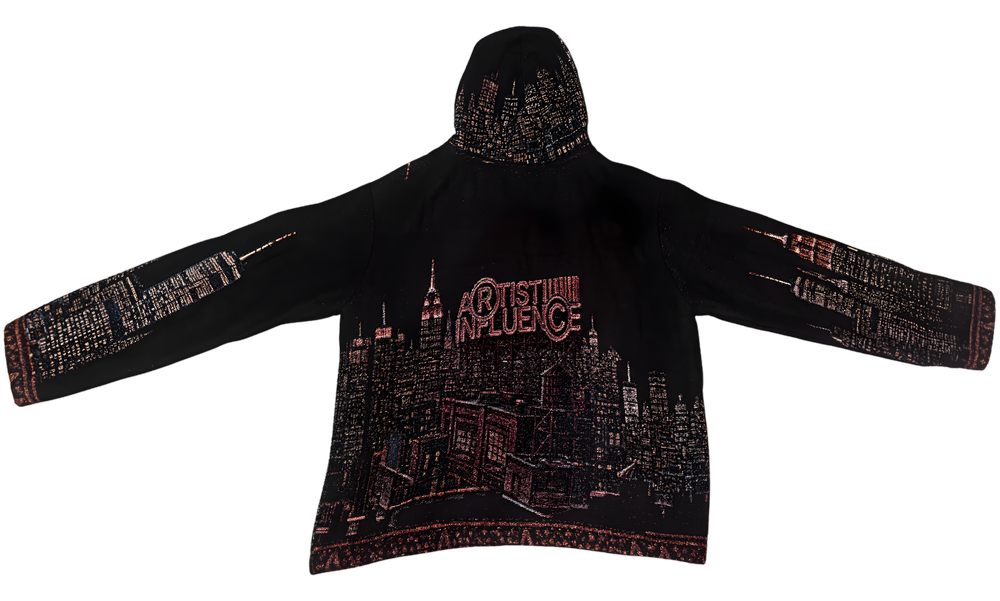The Influence Hoodie: hand-woven tapestry, New York skyline with the Artist Influence logo
